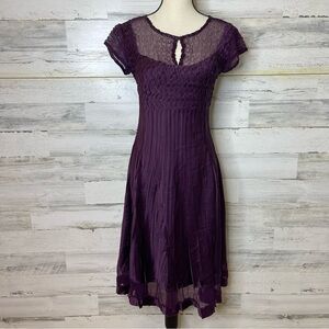 KOMAROV Maroon Burgundy Sheer Trim Crinkled Pleated pullover Dress sz M